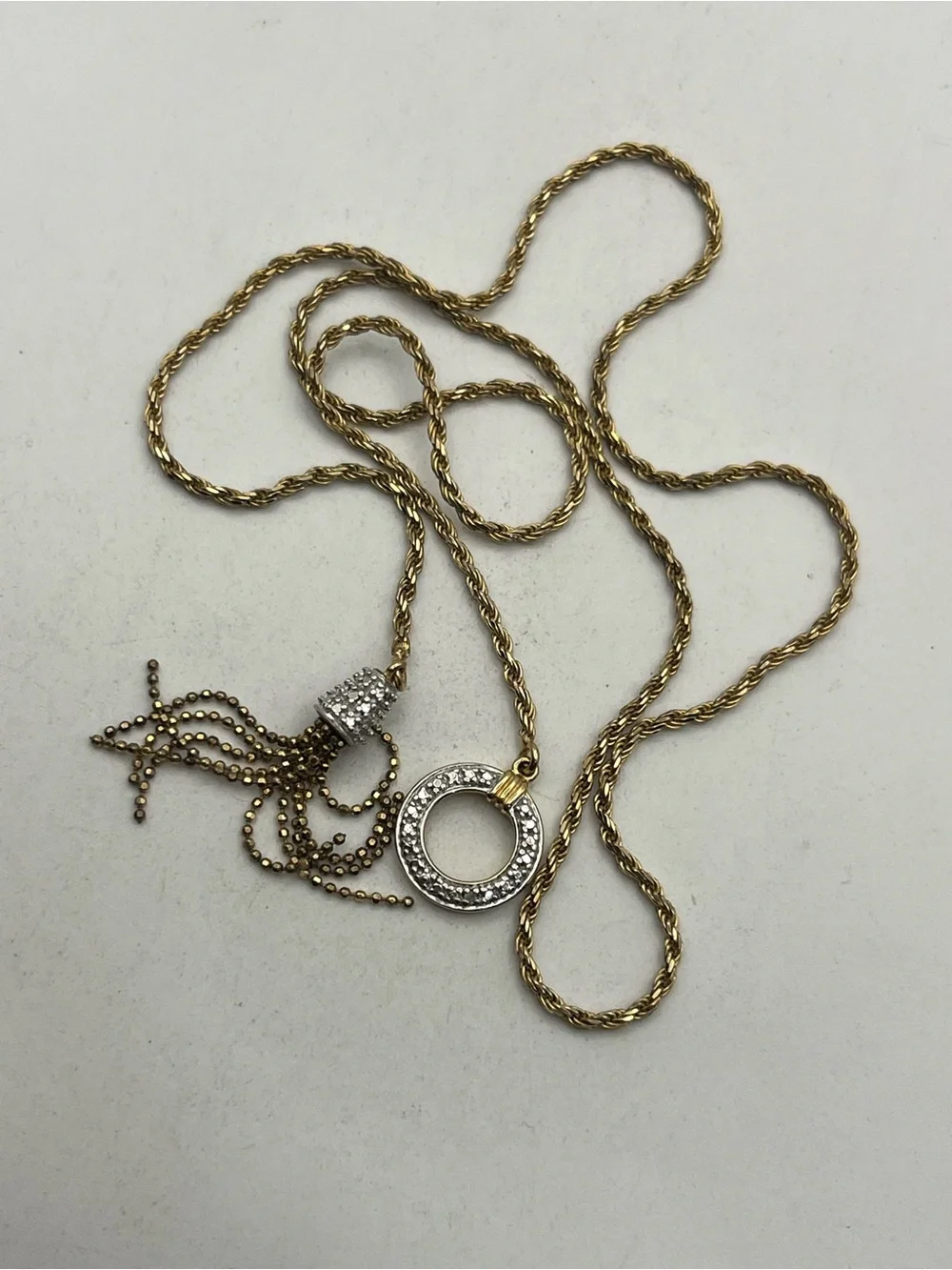 Lariat tassel necklace gold over sterling silver CZ chain